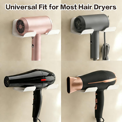Universal Hair Dryer Holder Wall Mount, Blow Dryer Hanger with Plug Cord Organizer, No Drilling Self Adhesive for Bathroom Cabinet Door Vanity (1PCS, White)