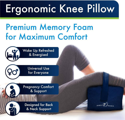 Knee Pillow for Side Sleepers, Memory Foam Leg Pillow Cushion | Sciatica comfort, postpartum support, hip and spine alignment, eBook, adjustable strap, washable cover, easy care
