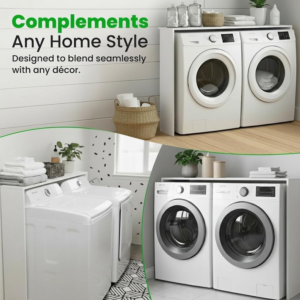 Over the Washer and Dryer Storage Shelf, Laundry Shelf, White | Engineered Wood, Laundry Room Organizer with Side Panels, Wall-Mounted, Top Surface for Folding and Supplies