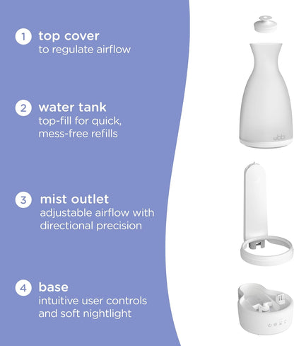 Ubbi Ultrasonic Humidifier, Easy Top-Fill Design | Adjustable Mist Control, Whisper-Quiet 25dB, Soft Night Light Glow for Nursery & Bedroom, Easy to Clean, Auto Shut-Off
