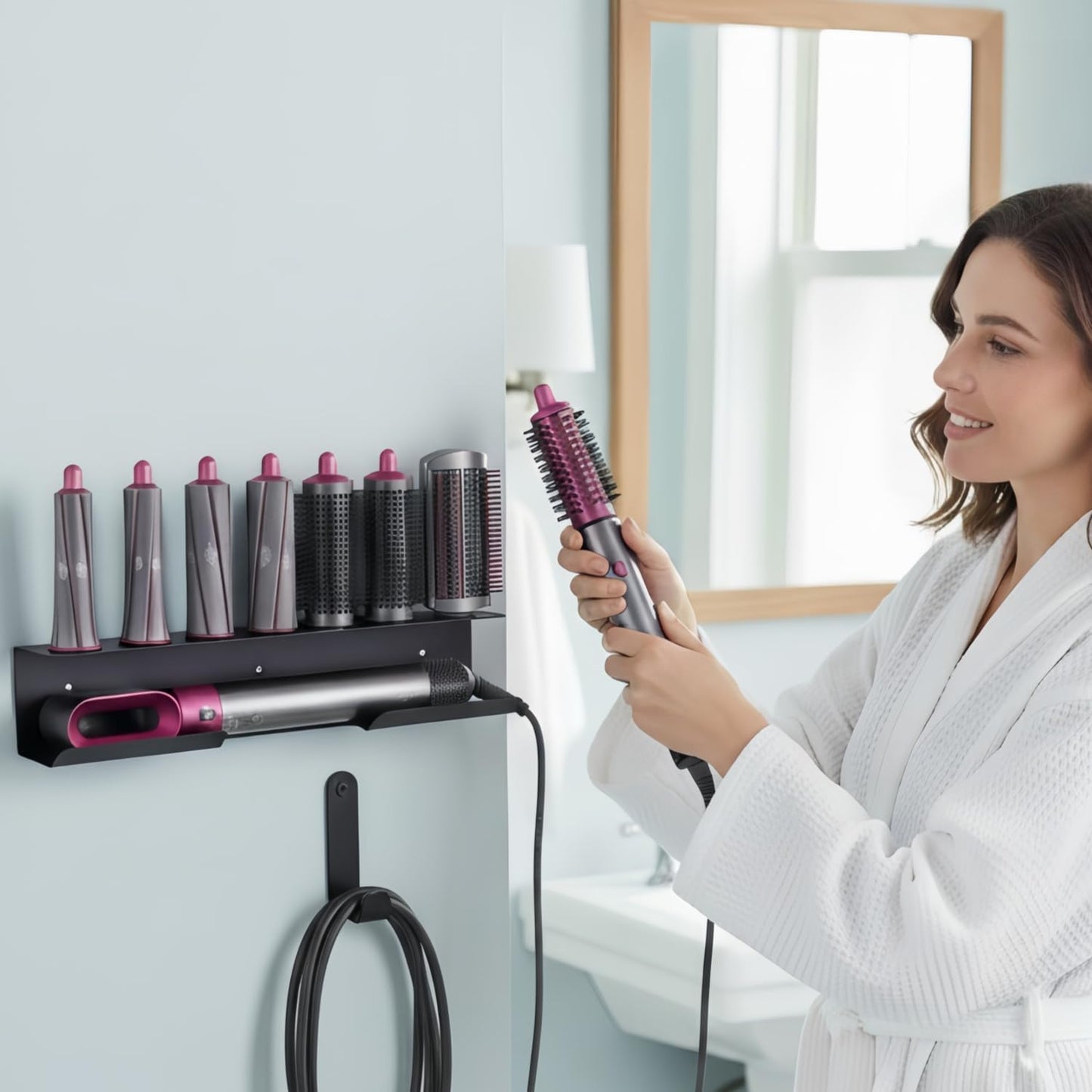 Hair Tool Organizer Wall Mount, Stainless Steel Hair Tool Holder with 2 Heat-Resistant Cups, Curling Iron Holder for Vanity, Hot Tools Organizer with PVC Ring,Hair Dryer Holder for Bathroom, BANJEKT