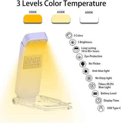 SFV Digital Book Lights for Reading at Night, USB Rechargeable Reading Lights for Books in Bed Clip-on, 3 Colors & 5 Brightness Dimmable, Compact & 80H Long Lasting for Book Lovers, Kids, Violet