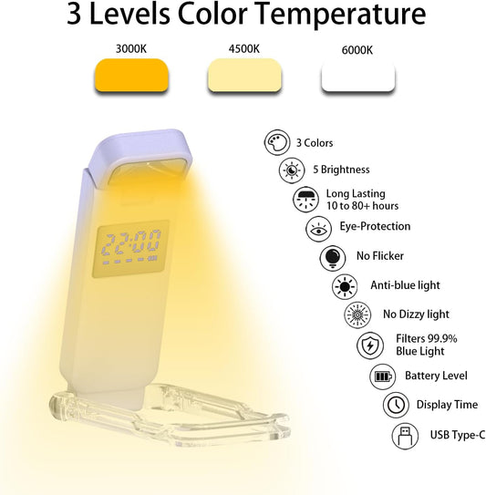 SFV Digital Book Lights for Reading at Night, USB Rechargeable Reading Lights for Books in Bed Clip-on, 3 Colors & 5 Brightness Dimmable, Compact & 80H Long Lasting for Book Lovers, Kids, Violet