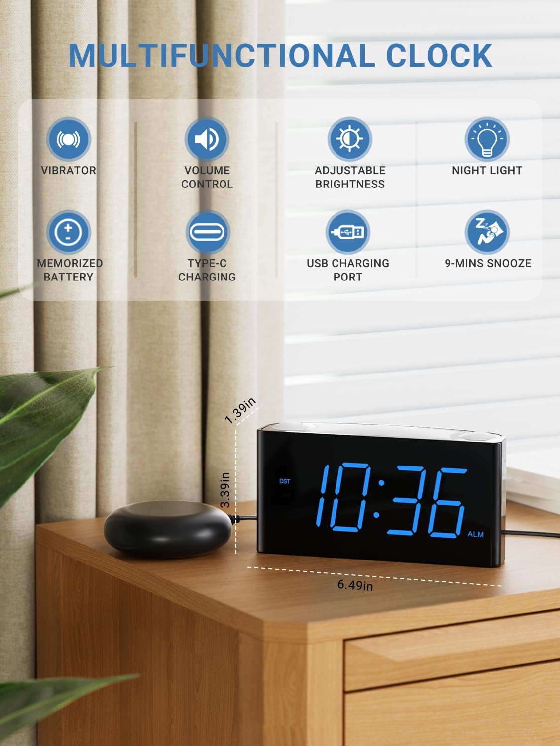 Extra Loud Vibrating Alarm Clock with Bed Shaker for Heavy Sleeper Deaf Hard of Hearing, Large LED Display Digital Clock for Bedroom,Dimmer,Night Light,USB Phone Charger,Battery Backup,Senior Teen Kid