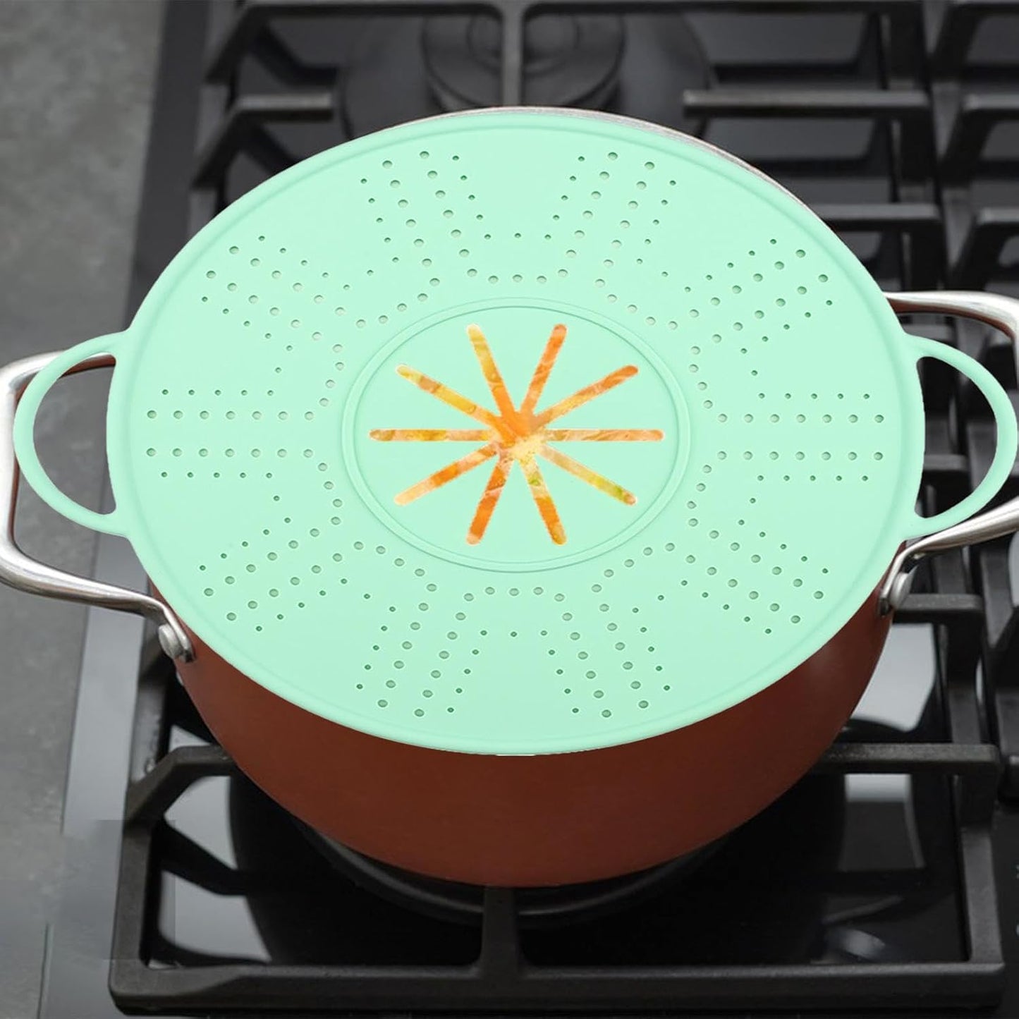 Spill Stopper Lid Silicone Boil Splatter Screen Pot Cover with Double Handles Anti Overflow Mat Heat Resistant for Cooking and Steam, Green