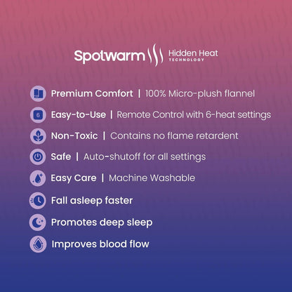 Hidden Heat Electric Foot of the Bed Warmer by SpotWarm; Wireless RF Remote, Microplush Flannel Mattress Warmer for Heated Feet. Queen Bed - 60” by 24”