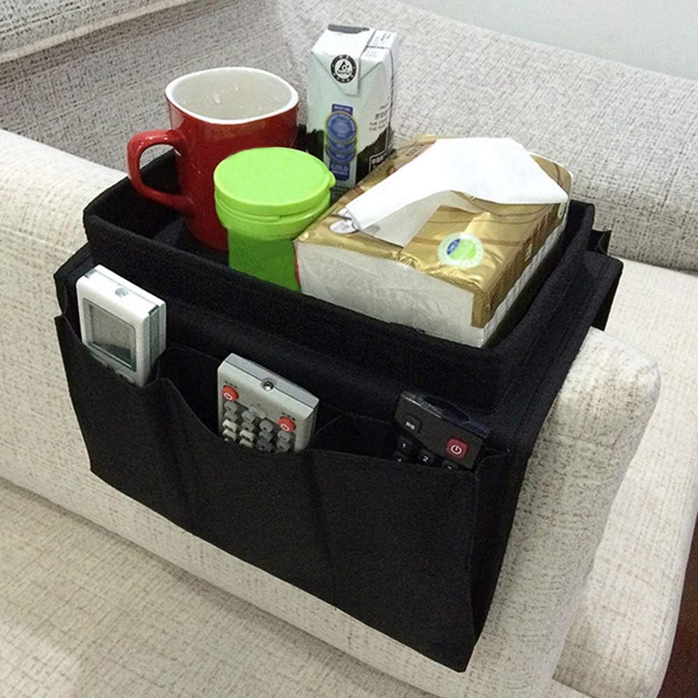 Sofa Armrest Organizer, Couch TV Remote Storage Organizer with Pockets for Recliner Armchair Snacks Glasses Smartphone Magazines Pouch (Black)