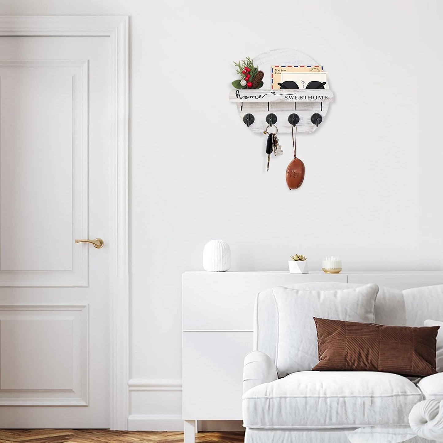 Key Holder for Wall, Key and Mail Holder Organizer - Key Holder Wall Mount with Bouquet Shelf and Key Hooks, Round Wooden Rustic Key Rack for Entryway and Home Decor (Black)