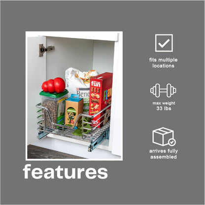 Household Essentials Glidez Multipurpose Chrome-Plated Steel Pull-Out/Slide-Out Storage Organizer for Cookware and Bakeware - 2-Tier Design - Fits Standard Size Cabinet or Shelf, Chrome