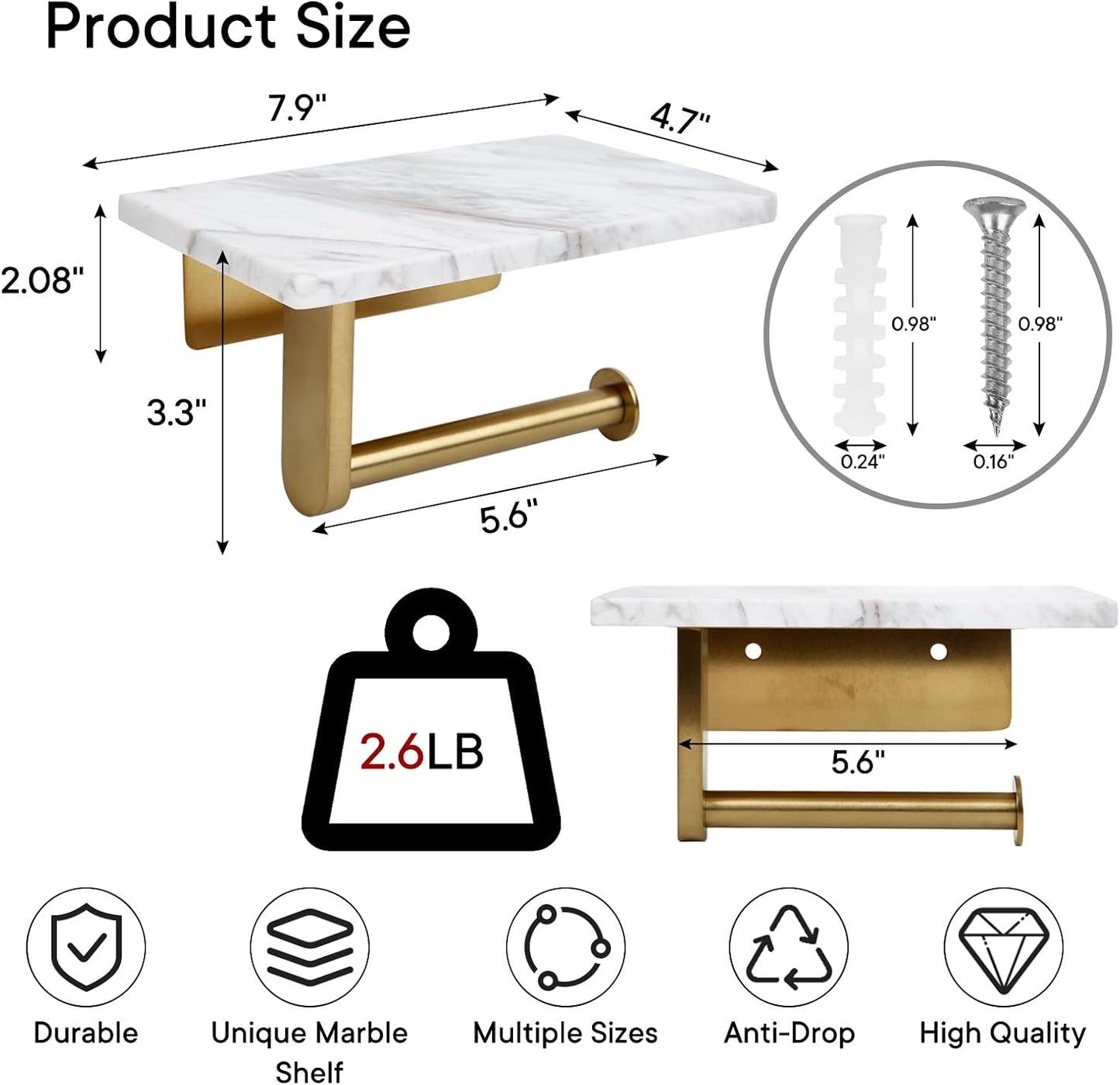 Toilet Paper Holder with Natural Marble Shelf for Bathroom Washroom,Wall Mounted Tissue Holder Suitable for Mega Roll (Brushed Nickel,Small 6.7 * 4.3 in)