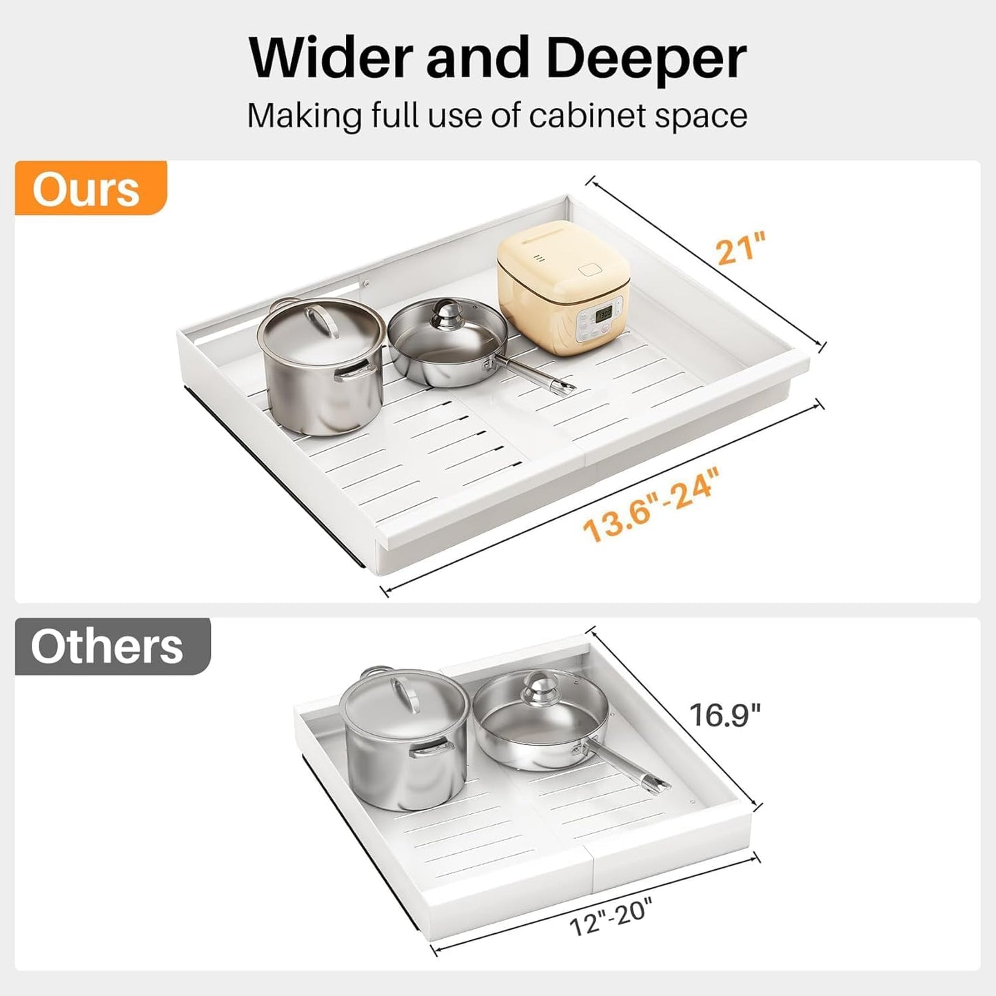 Pull out Cabinet Organizer, 1-Pack Expandable(13.6"-24") Silde out Drawers with Raising Pad for Framed Cabinets, Adjustable Full-Extension Adhesive Roll out Shelves for Kitchen Pantry Home Pot and Pan