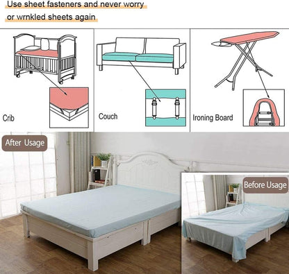 Adjustable Bed Sheet Straps Clips, Elastic Mattress Sheet Fasteners Holder and Suspenders, Grippers to Hold Sheet, Mattress, Sofa, Couch, Table Cloth, Recliner Ironing Board Cover and More