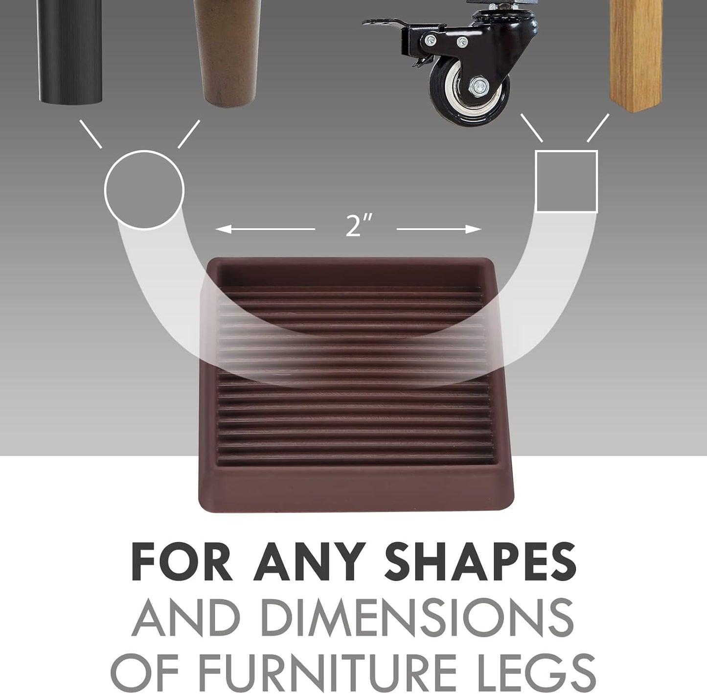 3X3 Square Rubber Caster Cups, Non Slip Furniture Pads - 4 Pack | Anti-Slip Furniture Gripper, Anti Skid Furnitures Feet, Anti Slide Floor Protector for Bed Couch Stoppers, Brown