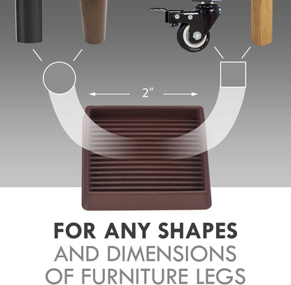 3X3 Square Rubber Caster Cups, Non Slip Furniture Pads - 4 Pack | Anti-Slip Furniture Gripper, Anti Skid Furnitures Feet, Anti Slide Floor Protector for Bed Couch Stoppers, Brown