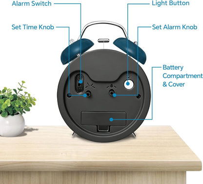 4.5" Analog Alarm Clock for Heavy Sleepers, Loud Battery Operated Alarm Clocks with Light, Metal Silent Desk Clock for Bedrooms, Retro Bedside Clocks for Kids Girls Women Mother Seniors, Pink