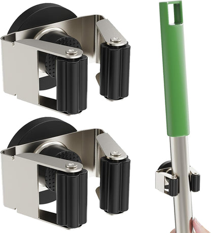 ULIBERMAGNET Magnetic Mop Broom Holder,Heavy Duty Movable Magnetic Broom Holder Rack,Anti-slip Wall Mounted Utility Storage Mop Shovel Gripper Hanger for Garage, Kitchen, Laundry, Garden(2 Pack/Black)