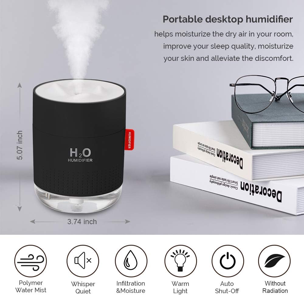Portable Mini Humidifier, 500ml Small Humidifier for Bedroom Travel, White | USB Personal Cool Mist Humidifier for Baby Room Office Desk Home Plants, Auto Shut-Off, 2 Mist Modes, Super Quiet