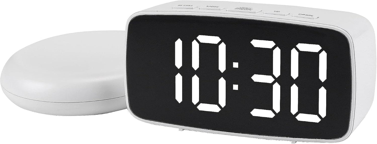 Dimmable LED Alarm Clock 2-Level Brightness, Wired Shaker, Snooze Function, Fits Bedside Table 4.7" L x 1.6" W x 2.4" H White Housing with Blue Light