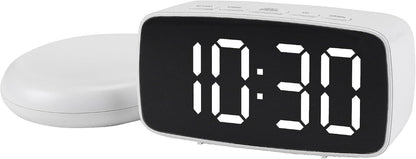 Dimmable LED Alarm Clock 2-Level Brightness, Wired Shaker, Snooze Function, Fits Bedside Table 4.7" L x 1.6" W x 2.4" H White Housing with Blue Light
