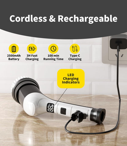 Electric Spin Scrubber, Cordless Household Cleaning Brush with 6 Replaceable Heads, 3 Speeds, LED Display, Lightweight Handheld Power Scrubber for Cleaning Stove/Bowl/Sink/Corner/Tile/Grout-Black