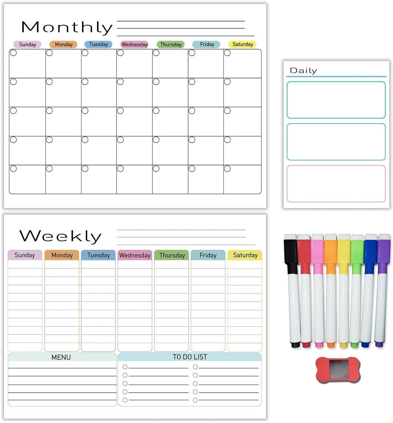 Hivillexun 16.5"x12" Clear Acrylic Magnetic Dry Erase Calendar Board with Monthly & Weekly Planner, 6 Markers & Large Eraser for Fridge, Office, Home (White)