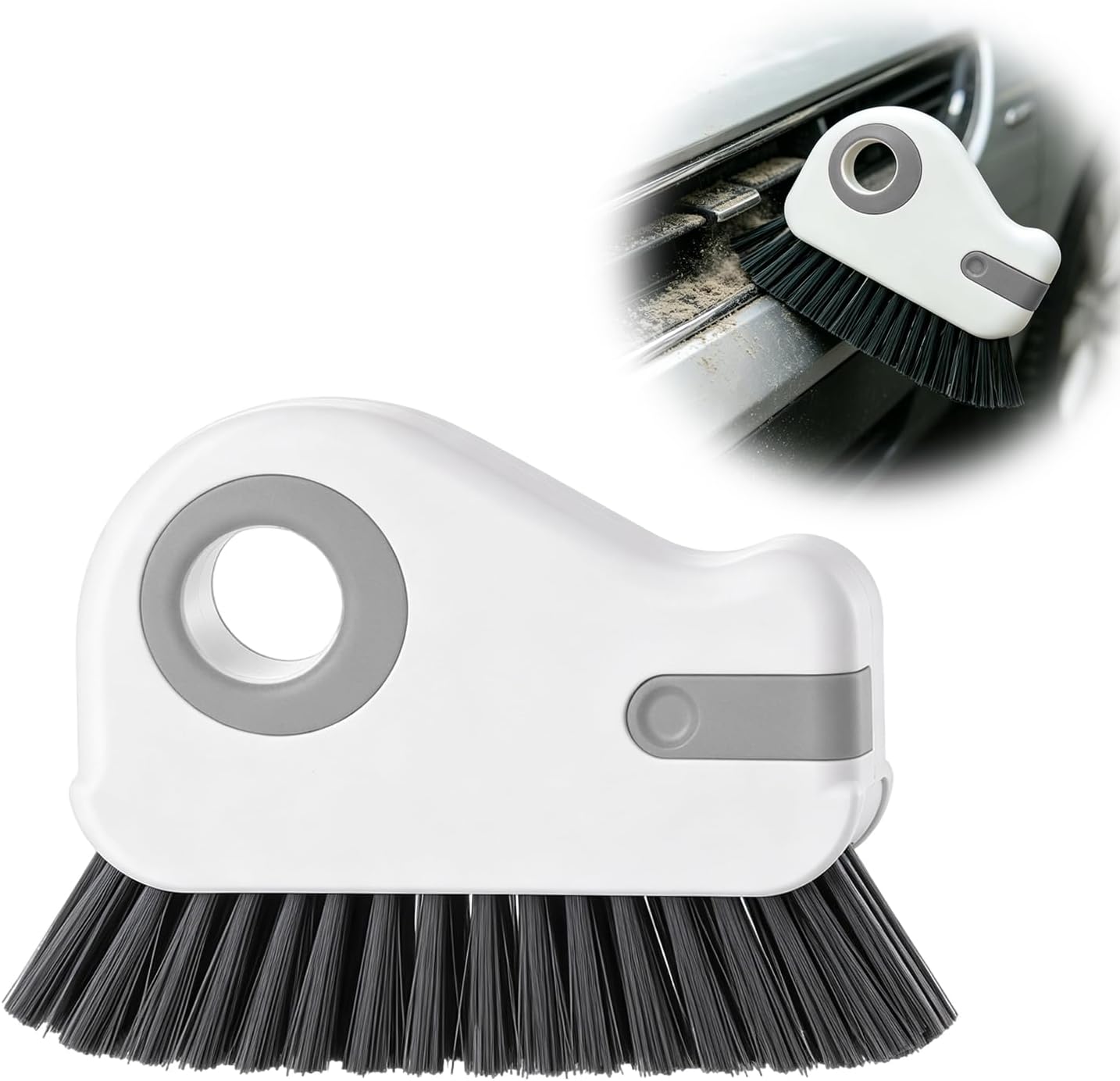 2 in 1 Groove Cleaning Brush, Multifunctional Window Track Cleaner with Hidden Scraper, Hard Bristle Grip Brush Sliding Door Cleaning Tool for Vehicle Home Office (Gray)