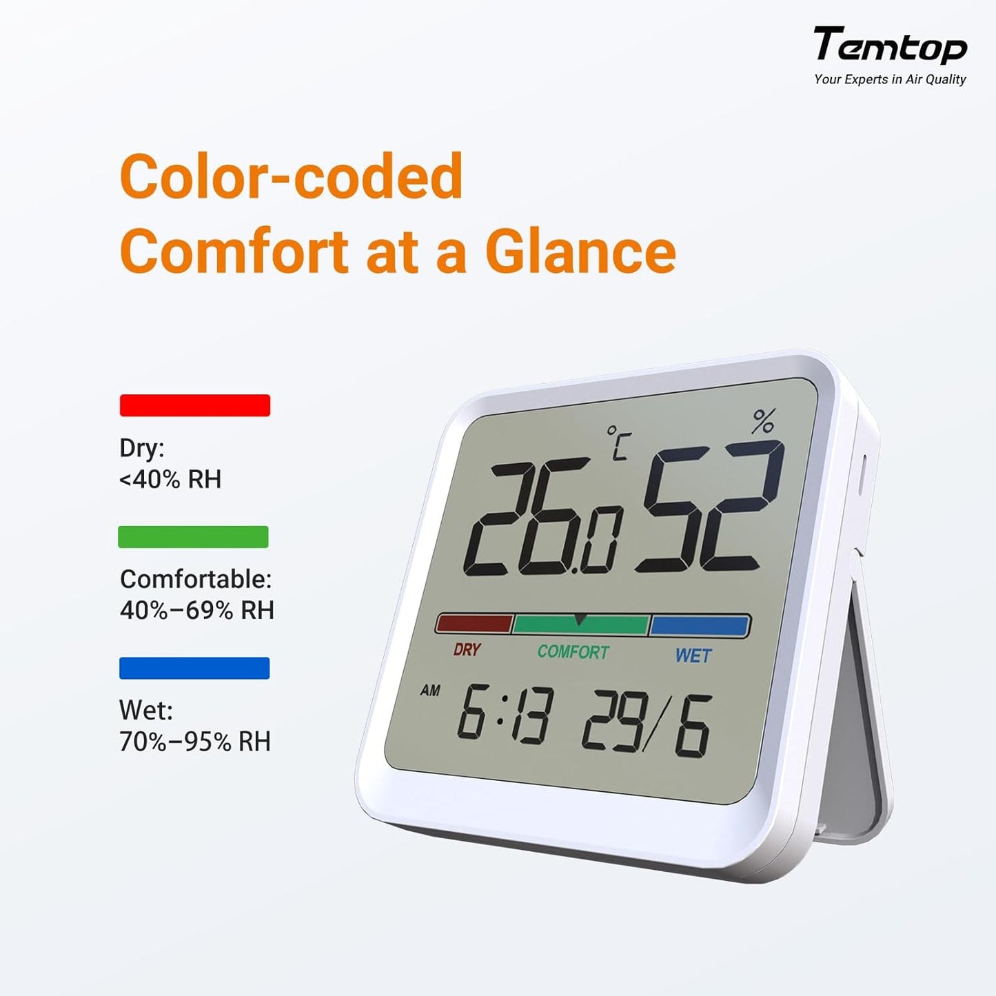 Temtop T1 Bluetooth Indoor Thermometer Hygrometer for Room Temperature | Humidity Notification Alerts, Data Export, Digital Gauge for Home, Office, Greenhouse, Garage, Nursery, Gift