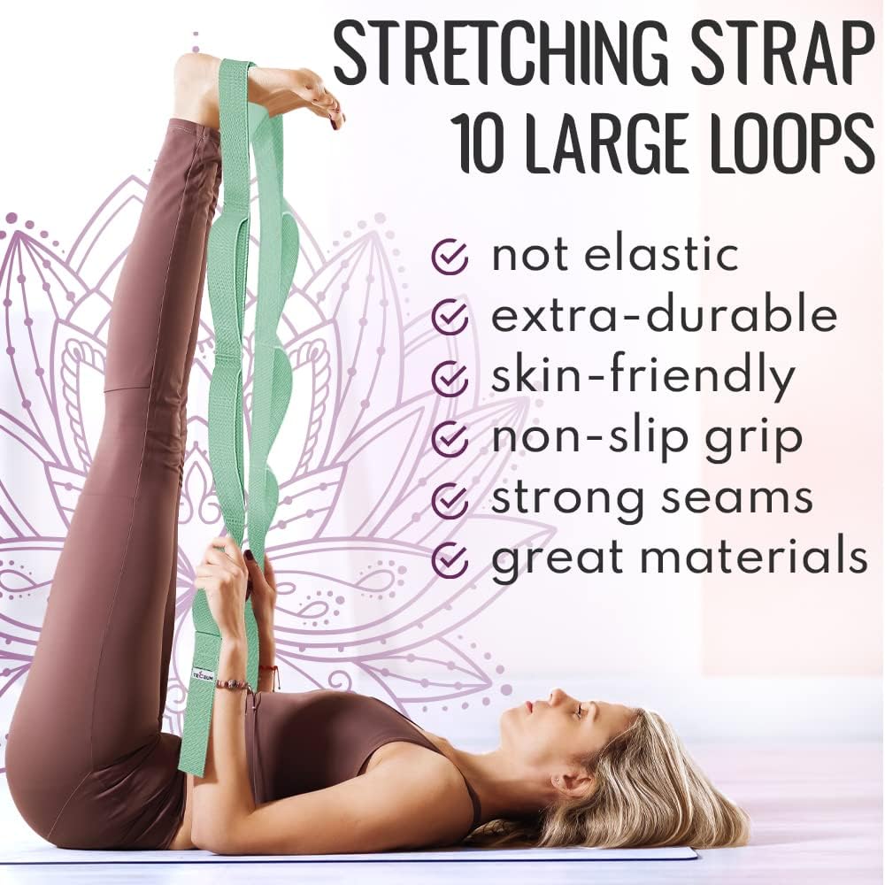 Stretching Strap with 10 Loops for Physical Therapy & Rehab | Non-Elastic Yoga Stretch Band for Hamstring, Leg, Hip & Knee Rehab, Pilates, Flexibility & Mobility Exercises for Men & Women
