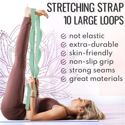 Stretching Strap with 10 Loops for Physical Therapy & Rehab | Non-Elastic Yoga Stretch Band for Hamstring, Leg, Hip & Knee Rehab, Pilates, Flexibility & Mobility Exercises for Men & Women