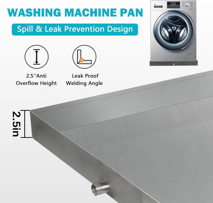 Washing Machine Drain Pan,27''x25''x2.5'' Heavy Duty 304 Stainless Steel Washing Machine Pan,Washer Tray for Floor Protection,Washer Drain Pan with Drain Hole & Hose