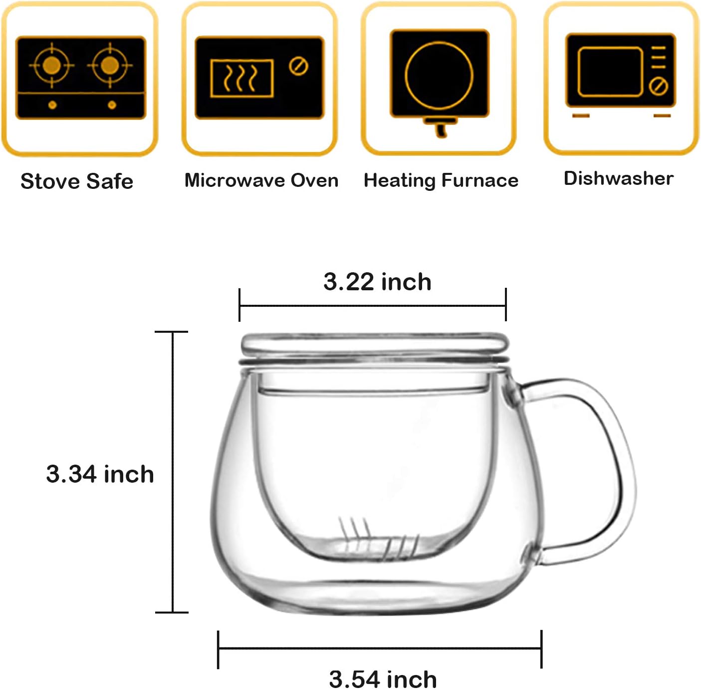 Glass Tea Infuser Cup with Lids and Handle for Blooming & Loose Leaf, 14oz | Borosilicate, Heat Resistance, Lead-free, Microwave & Dishwasher Safe