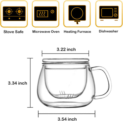 Glass Tea Infuser Cup with Lids and Handle for Blooming & Loose Leaf, 14oz | Borosilicate, Heat Resistance, Lead-free, Microwave & Dishwasher Safe