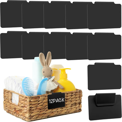 12pcs White Basket Labels Removable PVC Labels | Clip On for Storage Bins, Removable PVC Labels for Baskets with Holders, 3.5x2.7 Inches