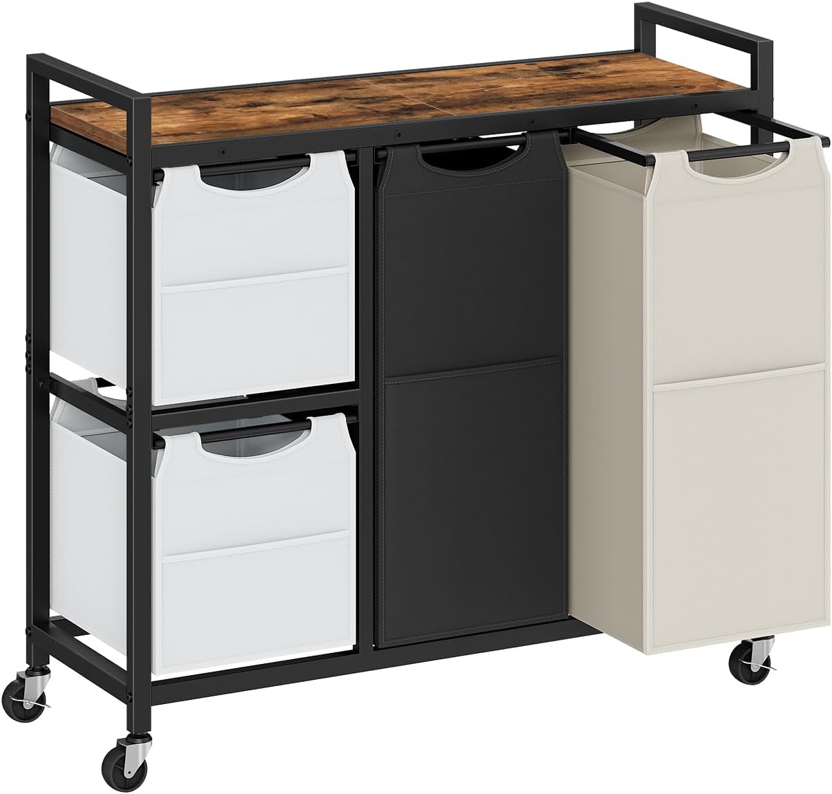 HOOBRO Laundry Sorter with 4 Section, 39 Gal. (147 L) Laundry Hamper with Wheels, Rolling Laundry Basket with Shelf, Pull-Out Detachable Bags, Side Pockets, Rustic Brown, Black and Beige BFE14XY01N1