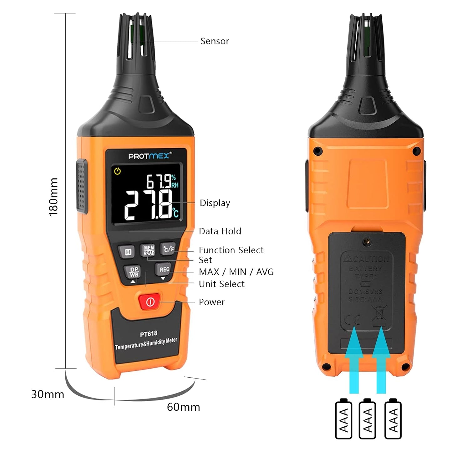 PT6508 Temperature Humidity Meter - Wet Bulb for Indoor/Outdoor | Digital Thermometer Hygrometer Monitor with Ambient, Dew Point, MIN, MAX, Data Hold, LCD Backlight