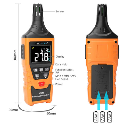 PT6508 Temperature Humidity Meter - Wet Bulb for Indoor/Outdoor | Digital Thermometer Hygrometer Monitor with Ambient, Dew Point, MIN, MAX, Data Hold, LCD Backlight