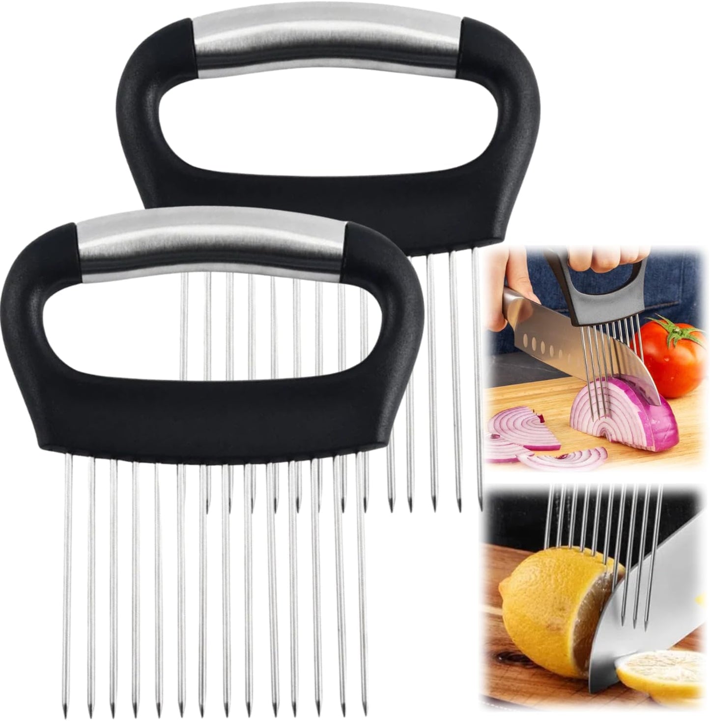 Onion Slice Holder, 2024 New Stainless Steel Holder for Slicing, Chopper Assistant Tool, Cutter for Meat, Onion, Potato, Tomato Kitchen Gadgets (Black, 2 Pack)