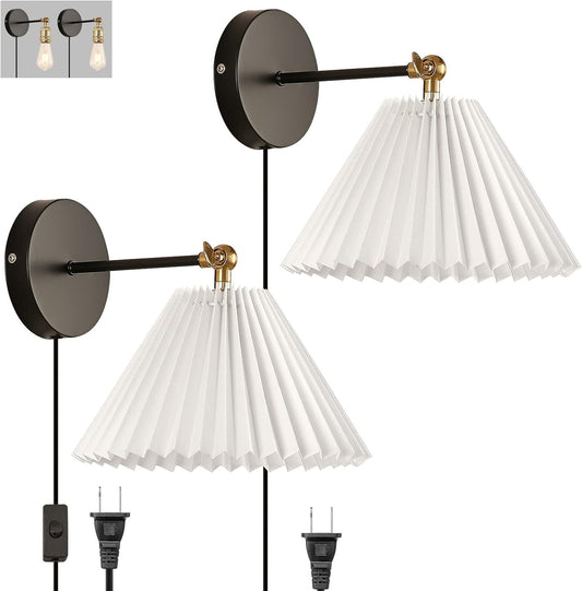 Wall Sconces Plug in, Swing Arm Wall Lamp with Power Cord, White Plug in Wall Lighting Fixtures Set of Two, Bedside Wall Mounted Reading Lamp with Switch, for Bedside Bedroom Hallway