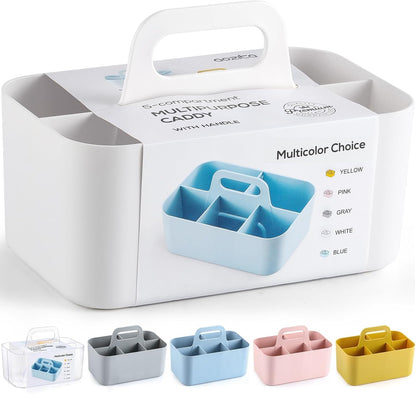 Multiuse Caddy Organizer with Handle, Portable Divided Plastic Tote Bin - Art Craft, Stationary Pen Marker Crayons, Makeup Hair Supplies Storage - Bathroom, Classroom, Dorm, Office, Desk Holder - Grey