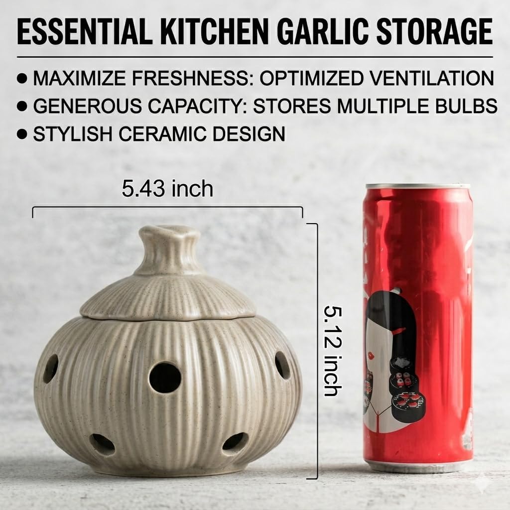 Garlic Storage Pod Ceramic Garlic Keeper with Lid Large Garlic Container for Counter, White