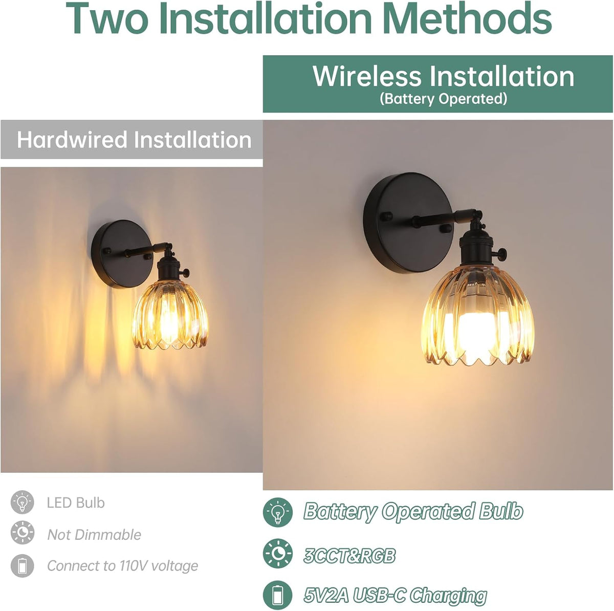 Shenmoyl Vintage Battery Operated Wall Sconce with Green Tulip Glass Lampshade Rechargeable Battery Powered Wall Light with Remote Control for Bedside Bedroom Doorway