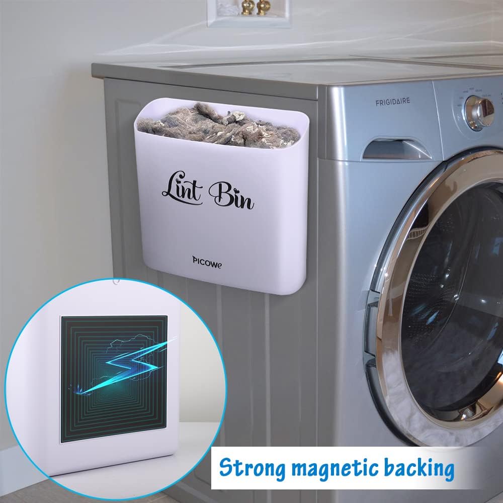 Picowe Magnetic Laundry Storage, Large Lint Holder Bin, Space-Saving Trash Container Hanging on Dryer, Washer or Wall Mount (Gray White)