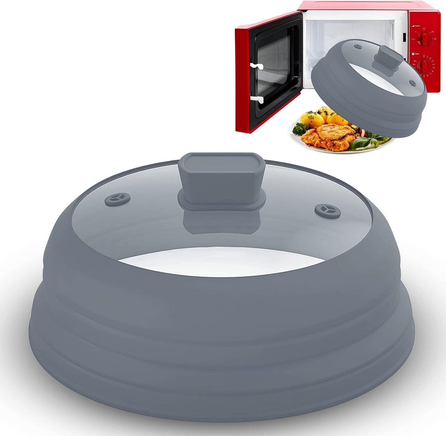 Microwave Splatter Cover Glass 11.8 Inch - Collapsible Microwave Splatter Cover for Plate & Bowl - Tempered Glass Top, Food-Grade Silicone Dome with Heating Vents & Heat-Safe Handle (BLACK)