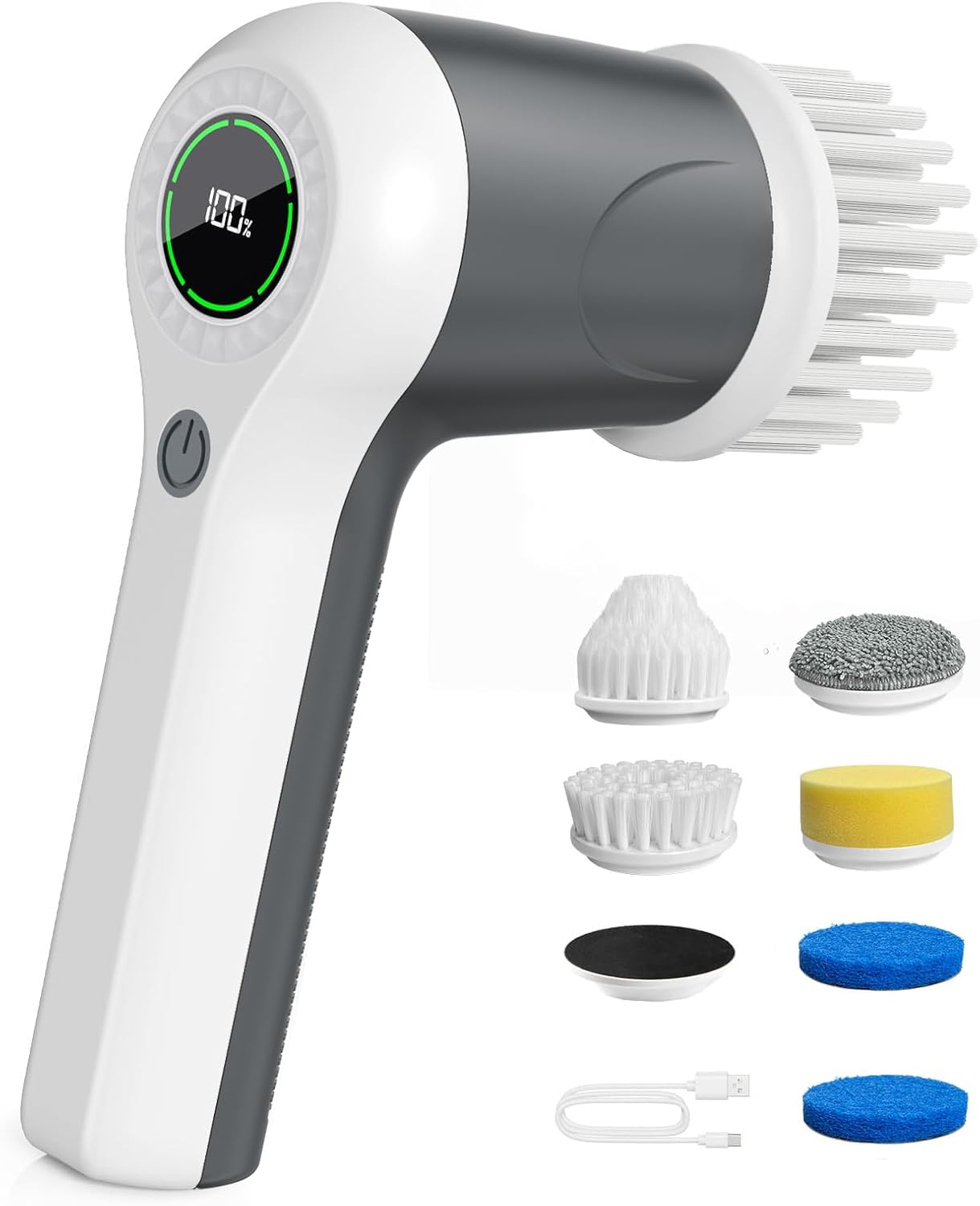 PUFTEM Electric Spin Scrubber, Cordless Shower Scrubber | Battery Level Display, Dual Speed, 6 Replaceable Brush Heads, IPX7 Waterproof, Long Runtime, Tub, Tile & Sink Cleaning