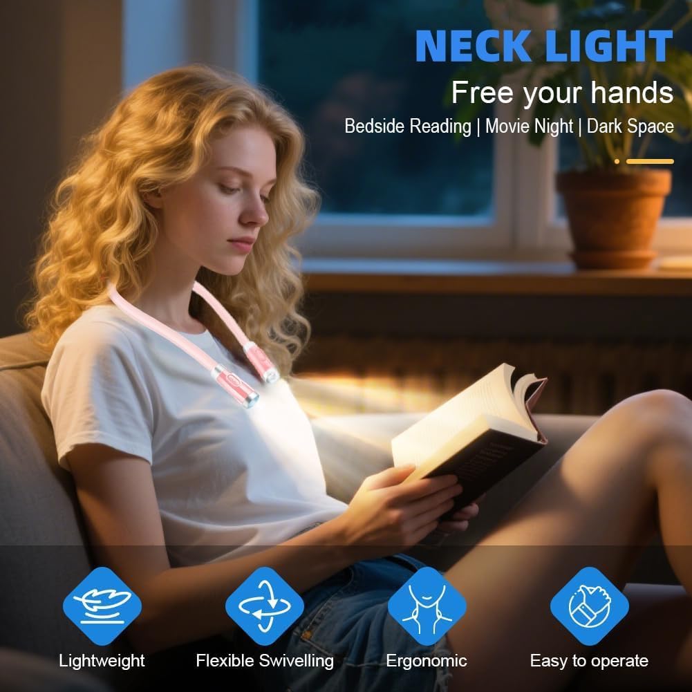 Neck Reading Light, Book Light for Reading in Bed, 3 Modes USB Rechargeable Hands Release Reading Lamp for Reader Knitting Camping Repairing (Pink)