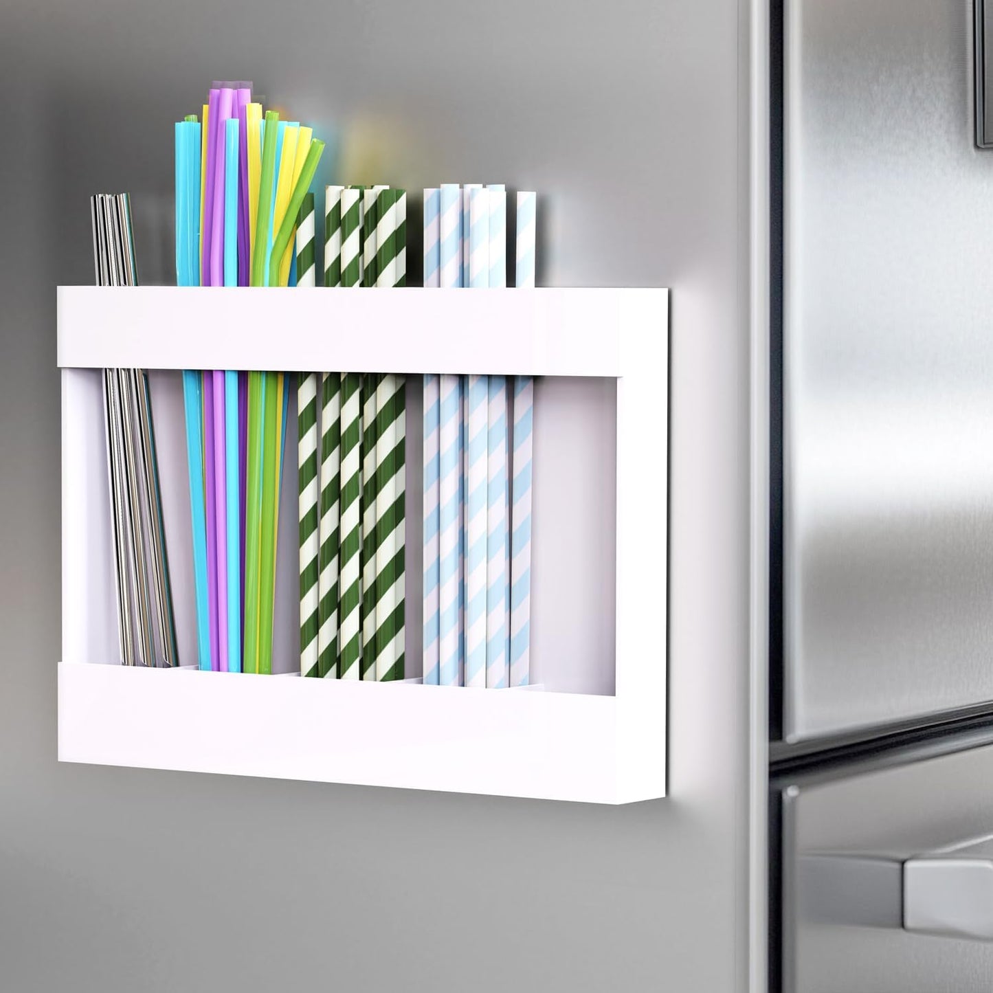 Upgraded 9.5'' Large Acrylic Straw Holder for Cabinet Door, Adjustable Space-Saving Straw Organizer Storage Dispenser for Cabinet with Ultra Sticky Adhesive Strips, 2-Part Rack, Drainage Holes