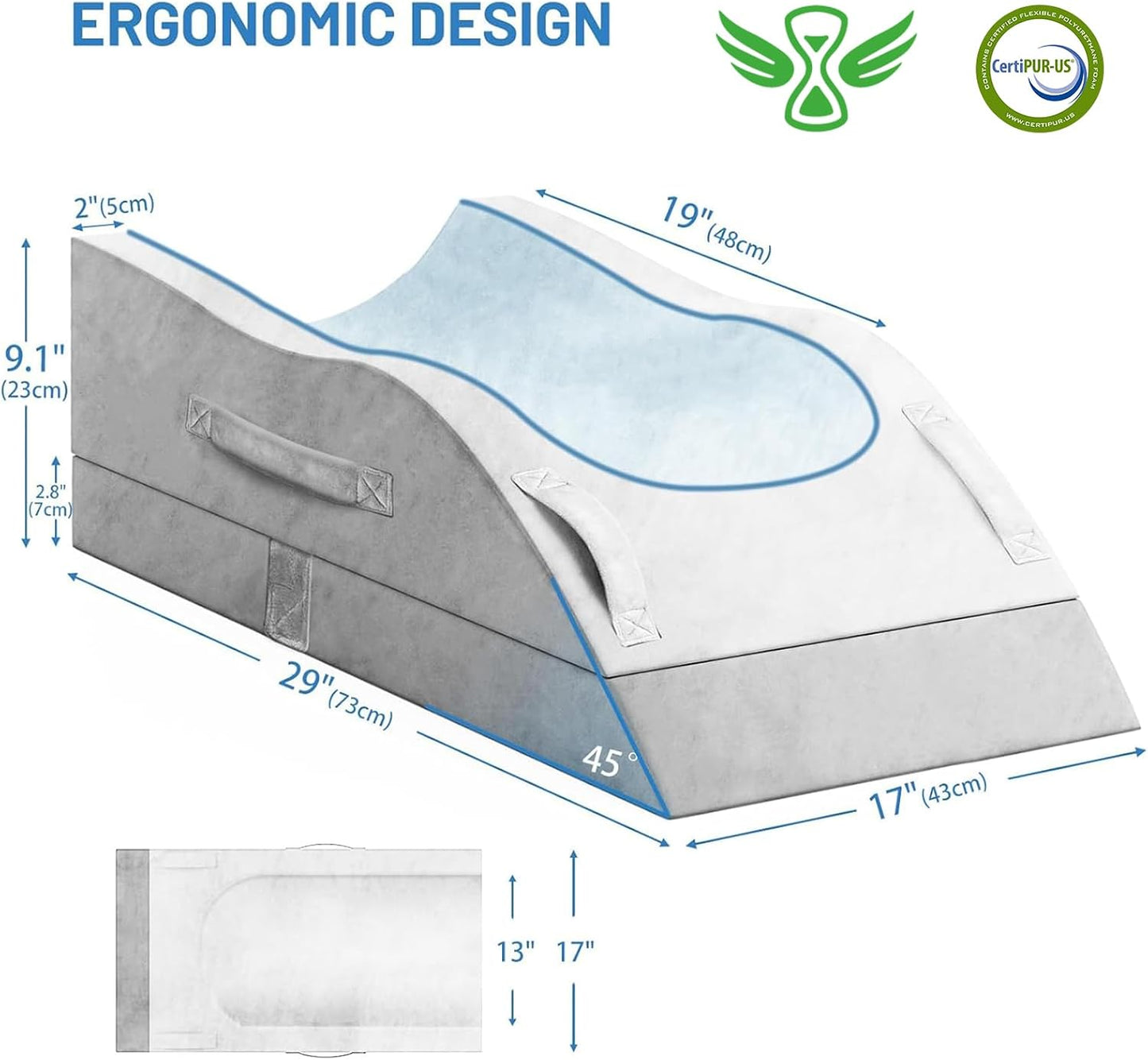 TranquilRelax Leg Elevation Pillow for After Surgery, Wedge Pillow, Grey | Single-leg design, adjustable height, U-shaped cradle, supportive memory foam, washable cover, leg elevation for swelling