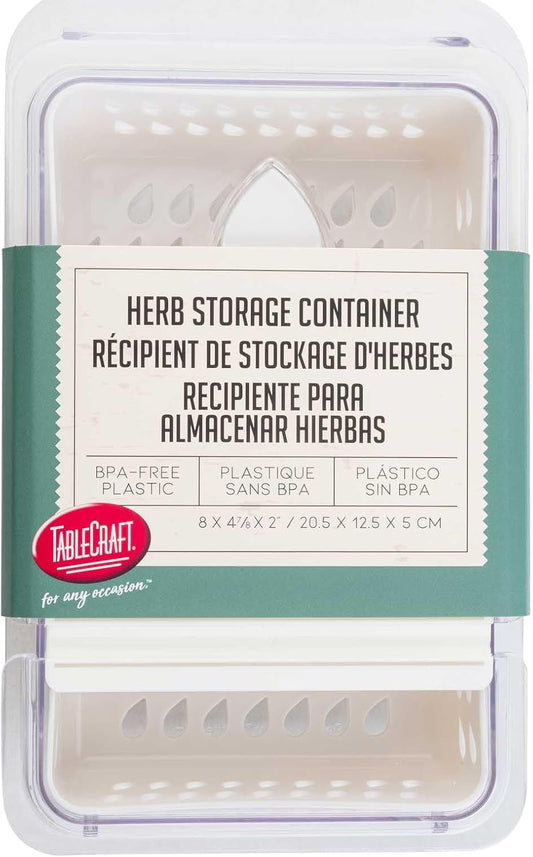 TableCraft Herb & Produce Storage Container – 8 x 4.875 x 2 Inches, White BPA-Free SAN Plastic, Airtight with Ventilation for Freshness, Fridge- & Counter-Friendly Herb Keeper, Dishwasher Safe