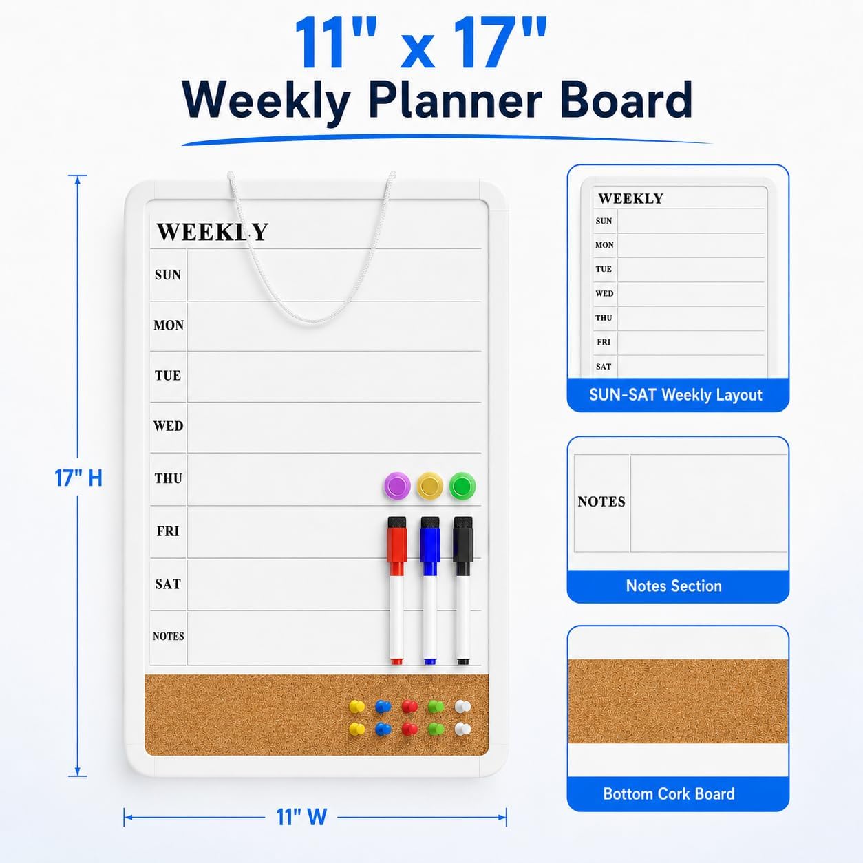 MaxGear Weekly Dry Erase Calendar Board, 11" x 17" Magnetic Whiteboard | Double-Sided Wall Planner: Weekly Calendar on One Side, Blank Whiteboard on The Other, Includes 3 Color Markers and Magnets