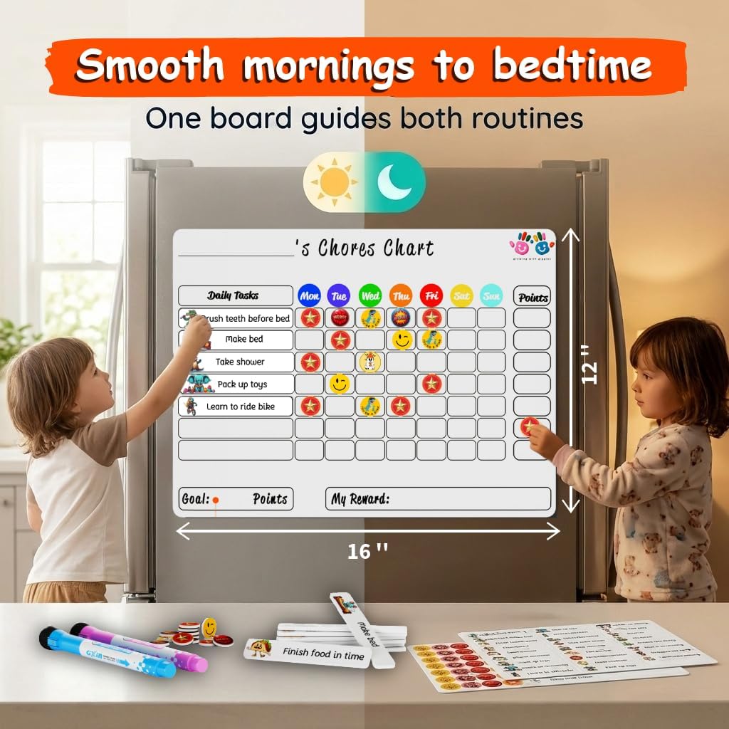 Mimi Doodle Magnetic Chore Chart for Kids – 16x12 Dry Erase Daily Responsibility Board for Fridge with 39 Chore tabs, 100 Reward Stickers – Behavior Chart for Kids at Home – Simple Theme